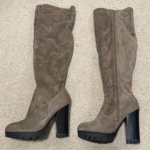 Tall Taupe Suede Platform Knee-High Boots